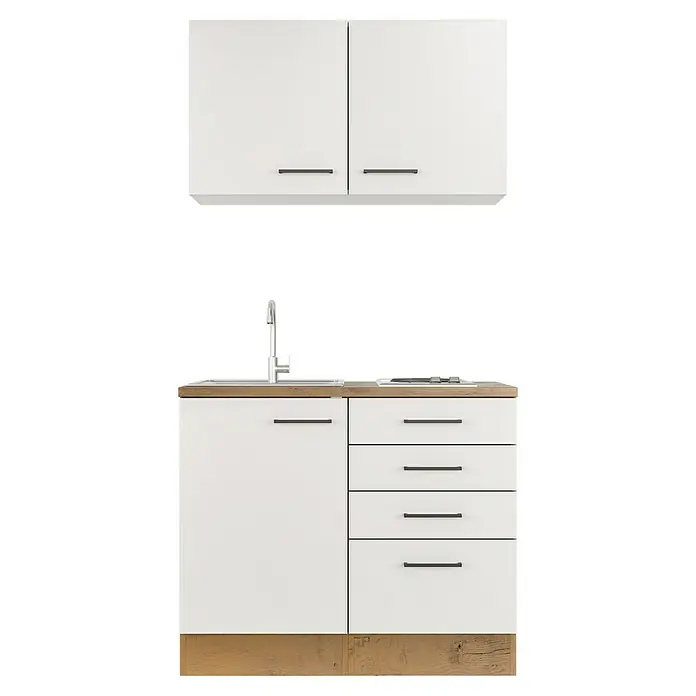 Flex-Well Avila Miniküche - Breite: 100 cm, Magnolia, Mit Elektrogeräten - Weiße modulare Küche mit Oberschränken, Holzplatte, Spüle, Wasserhahn, Kochfeld und Schubladen.
