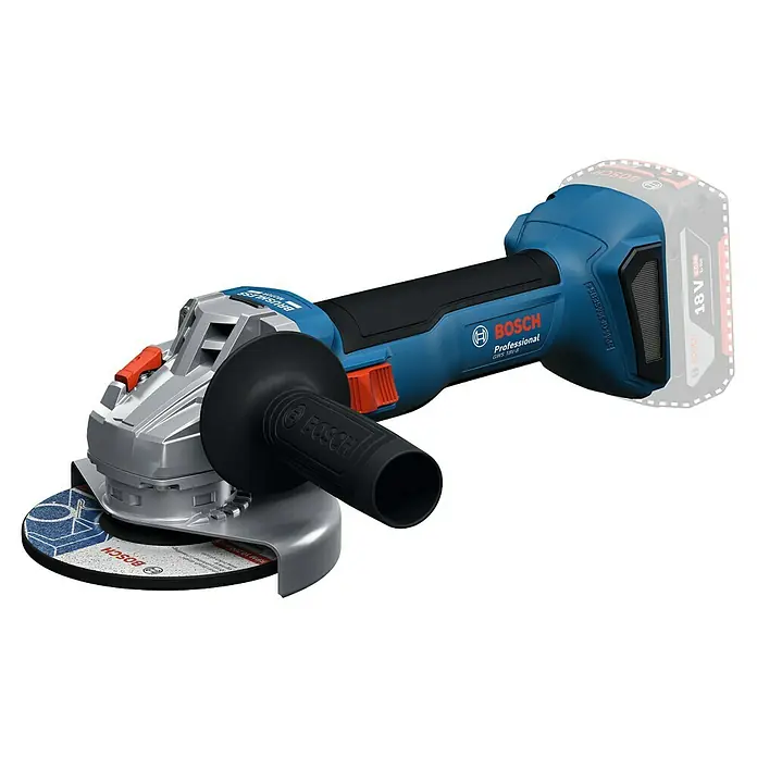 Bosch Professional AMPShare 18V Juego de máquinas - 18 V, 2 baterías, 2 Ah - 4 Ah, 7 pzs. - Imagen detallada de una amoladora angular inalámbrica Bosch GWS 18V-8 con batería, ideal para profesionales y aficionados al bricolaje.