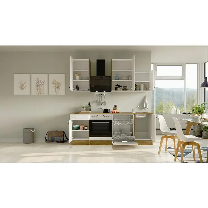 Flex-Well Avila Küchenzeile Typ 4 - Breite: 220 cm, Höhe: 234 cm, Magnolia, Mit Elektrogeräten - Eine helle Küche mit modernen Geräten und viel Stauraum, die Funktionalität und stilvolles Design vereint. Ideal für moderne Haushalte.