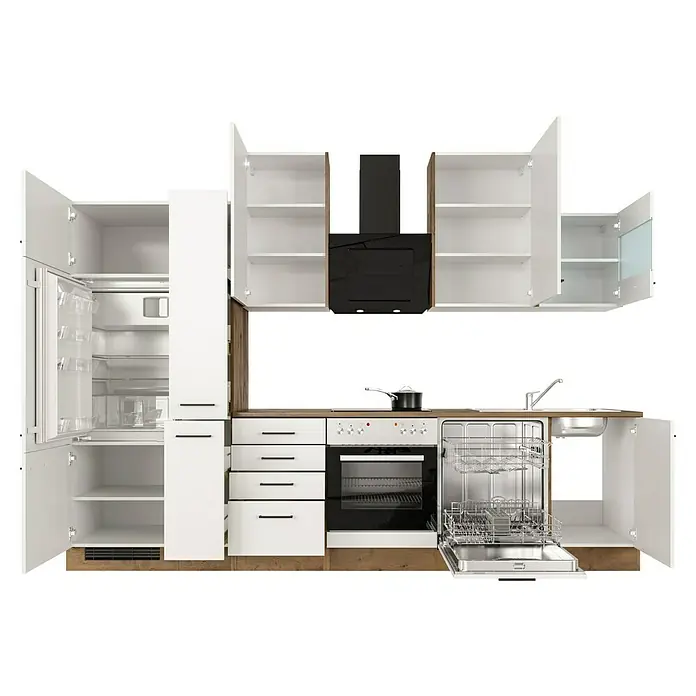 Flex-Well Avila Küchenzeile Typ 2 - Breite: 310 cm, Magnolia, Mit Elektrogeräten - Weiße Küche mit Holzdetails, schwarzer Dunstabzugshaube, Backofen, Herd, Spüle, Spülmaschine und offenem Kühlschrank/Schränken.