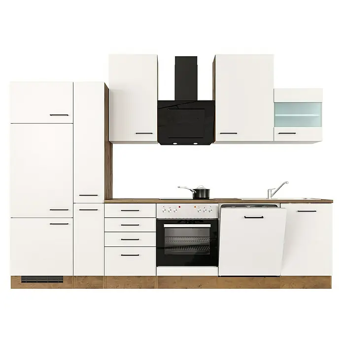 Flex-Well Avila Küchenzeile Typ 2 - Breite: 310 cm, Magnolia, Mit Elektrogeräten - Moderne weiße Küchenzeile mit Holzakzenten, integriertem Backofen, Kochfeld, Spüle und schwarzer Dunstabzugshaube. Inklusive Hochschrank.