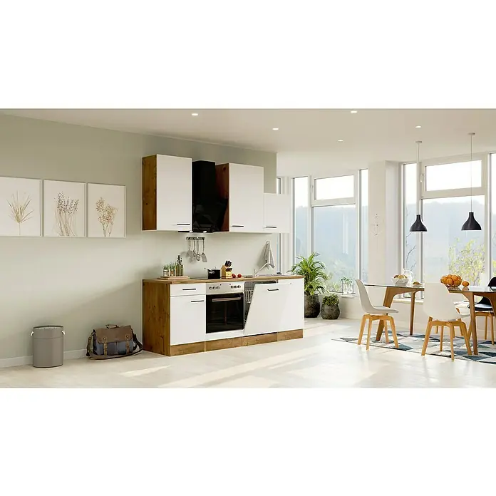Flex-Well Avila Küchenzeile Typ 4 - Breite: 220 cm, Höhe: 234 cm, Magnolia, Mit Elektrogeräten - Küchendesign mit weißen Schränken und Holzakzenten. Moderne Küche mit Essbereich und großem Fenster für viel Tageslicht.