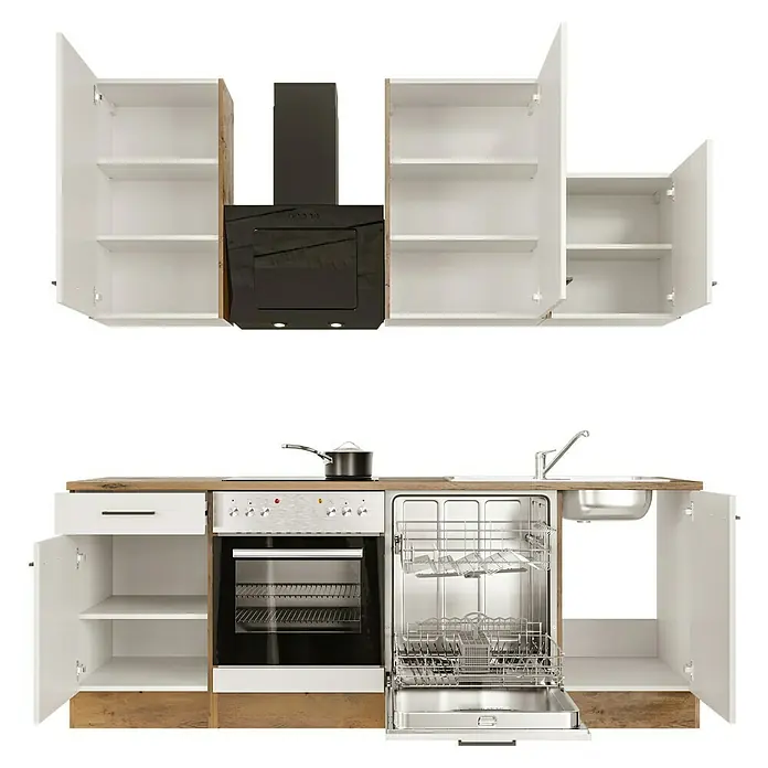 Flex-Well Avila Küchenzeile Typ 4 - Breite: 220 cm, Höhe: 234 cm, Magnolia, Mit Elektrogeräten - Modulare Küchenzeile mit weißen und holzfarbenen Schränken, schwarzer Dunstabzugshaube, Edelstahlgeräten und offener Spülmaschine.