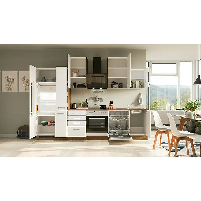 Flex-Well Avila Küchenzeile Typ 2 - Breite: 310 cm, Magnolia, Mit Elektrogeräten - Helle Küche mit weißen Schränken, einer Dunstabzugshaube und einem Esstisch mit Stühlen, der zum Essen einlädt.