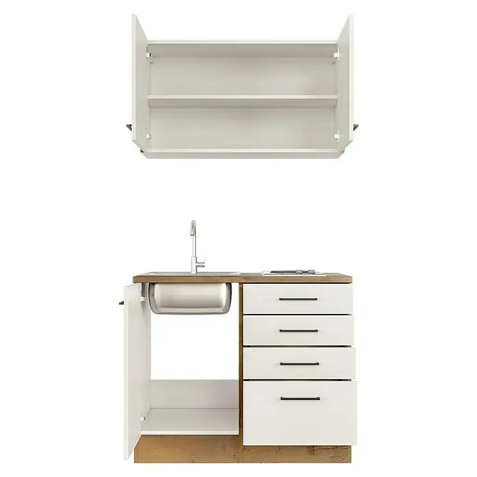 Flex-Well Avila Miniküche - Breite: 100 cm, Magnolia, Mit Elektrogeräten - Weiße und Holz Mini-Küchenzeile mit offenem Oberschrank, Spülbecken und vier Schubladen.