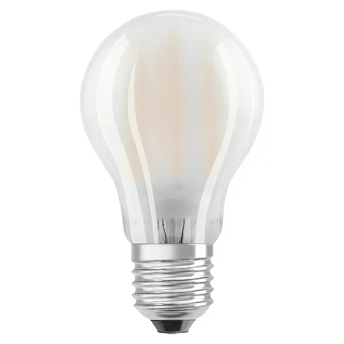 Voltolux Bombilla LED - E27, No regulable, Blanco cálido, 1.055 lm, 8 W, Mate - Primer plano de una bombilla LED de filamento transparente.