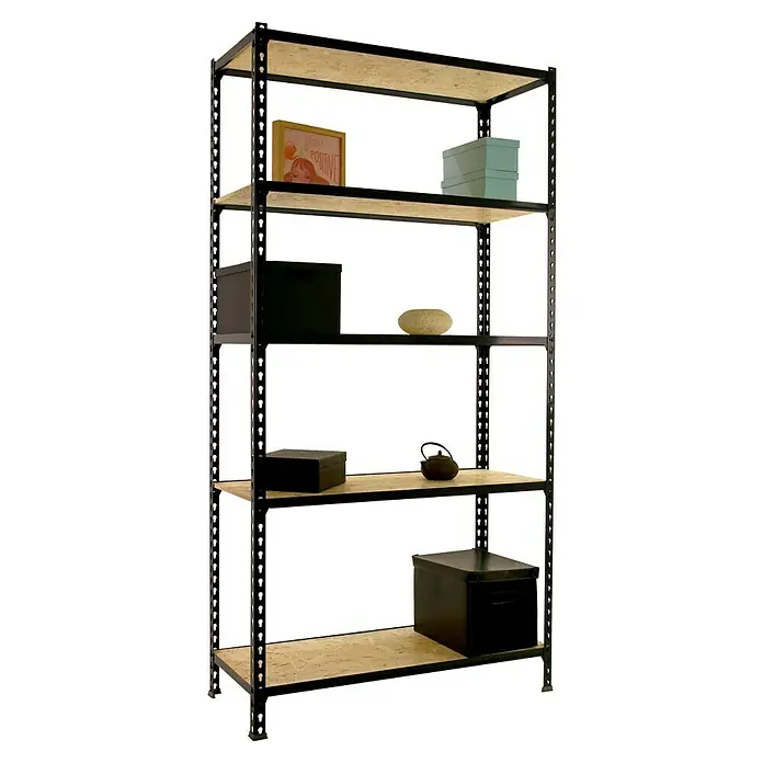 Simonrack Maderclick Estantería metálica Plus - Al x An x Pr: 200 x 100 x 40 cm, Capacidad de carga por balda: 150 kg, Número de baldas: 5 ud., Inserción, Antracita/OSB - Estantería metálica con estantes de madera que muestra varios objetos. Almacenamiento funcional para organizar tu casa u oficina.