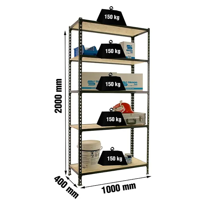 Simonrack Maderclick Estantería metálica Plus - Al x An x Pr: 200 x 100 x 40 cm, Capacidad de carga por balda: 150 kg, Número de baldas: 5 ud., Inserción, Antracita/OSB - Ilustración de una estantería de alta resistencia con cinco estantes, cada uno mostrando una carga de 150 kg, demostrando su capacidad de peso.
