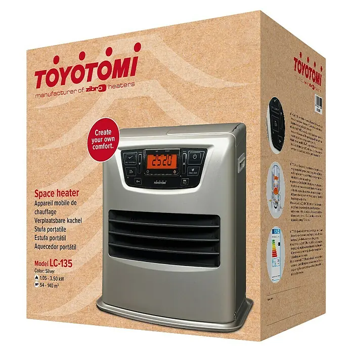 Toyotomi Estufa de parafina LC-135 - 1,05 kW - 3,5 kW, Volumen del depósito: 7,6 l, Gris - Imagen de un calefactor Toyotomi LC-135 plateado con pantalla digital y descripciones multilingües en el embalaje.