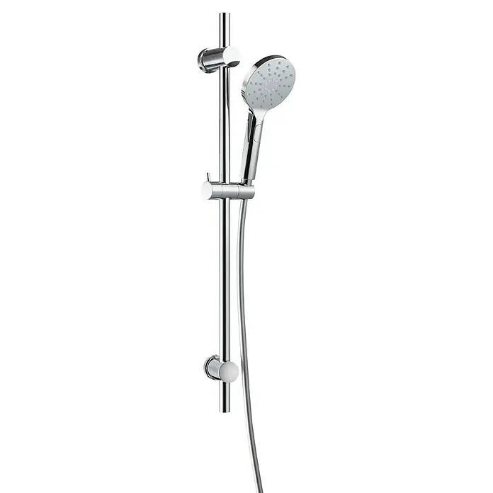 Camargue Brausegarnitur Selfoss - Anzahl Strahlarten: 3 Stk., Chrom - Abbildung einer verchromten Duschstange mit Handbrause und Schlauch, ideal für moderne Badezimmer.