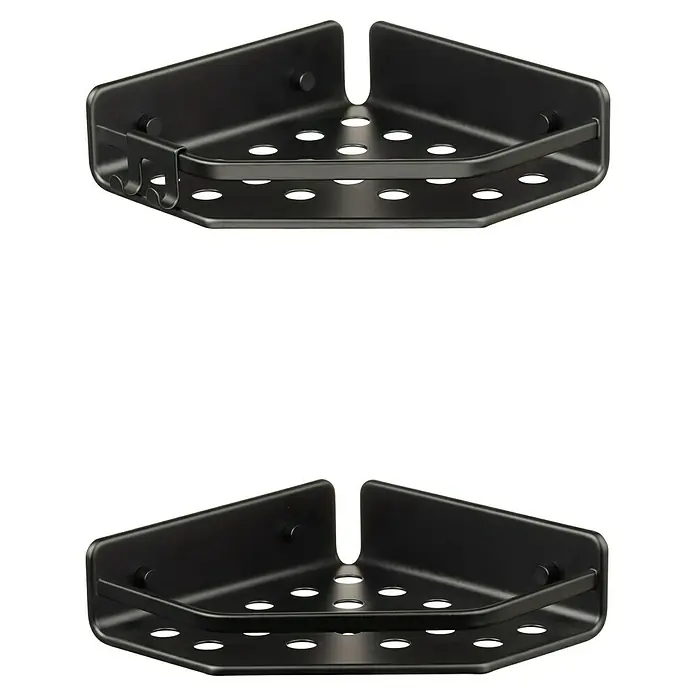 Tatay Cesta de baño doble Serenity - Negro - Estante de esquina de ducha oscura con ganchos para toallas y orificios de drenaje. Ideal para el almacenamiento en el baño.