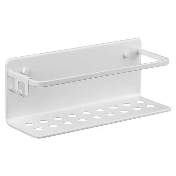 Tatay Cesta de baño Serenity - 10 x 30 x 12 cm, Blanco - En la imagen, una estantería de cocina blanca con ganchos para colgar utensilios de cocina y una balda con agujeros para ventilación.