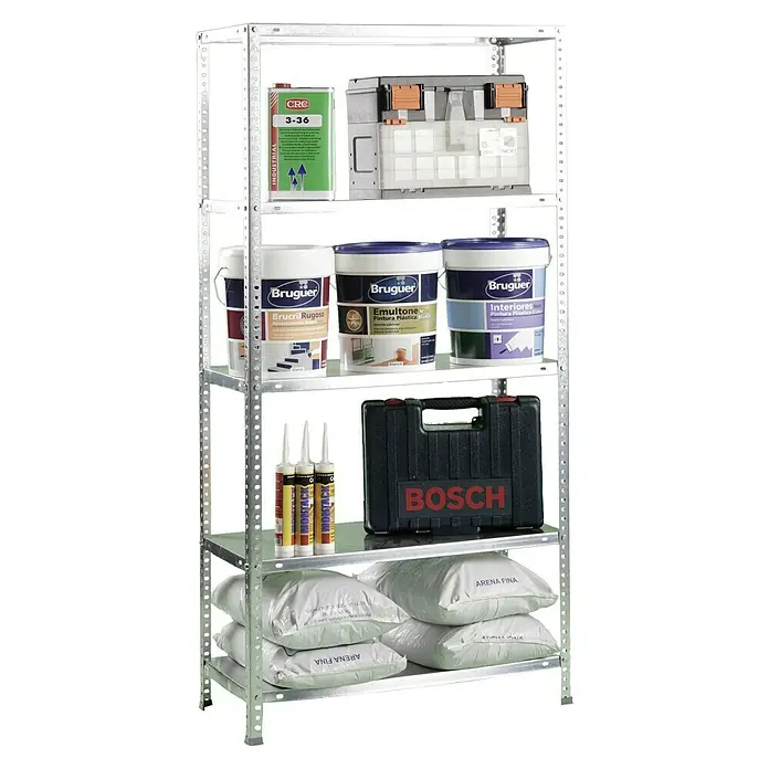 Simonrack Simonclassic Metallregal Comfort Plus - H x B x T: 200 x 100 x 40 cm, Traglast pro Boden: 100 kg, Anzahl Böden: 5 Stk., Schrauben, Silber - Regal mit Produkten von CRC, Bruguer, Bosch und Arena Fina. Ordentlich verstaut und gut sortiert für diverse Projekte im Haus.
