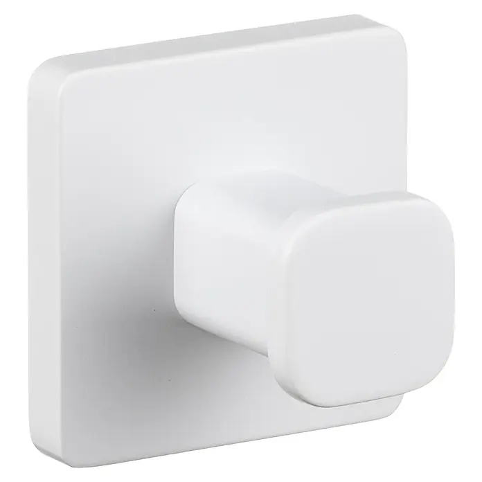 Tatay Kalo Colgador de baño - Artic white - Primer plano de un solo gancho de pared cuadrado blanco con esquinas redondeadas sobre un fondo negro.