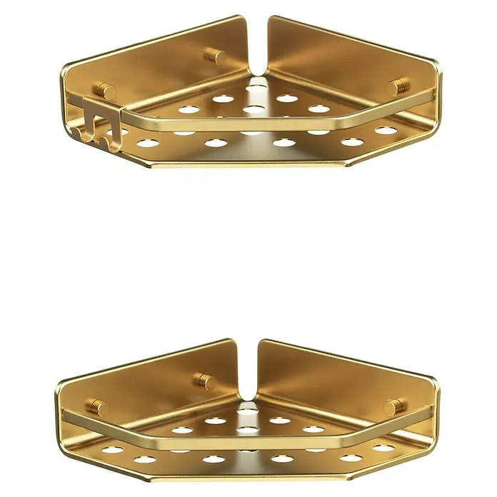 Tatay Cesta de baño doble Serenity - Oro - Dos estantes esquineros dorados para la ducha, uno con ganchos.