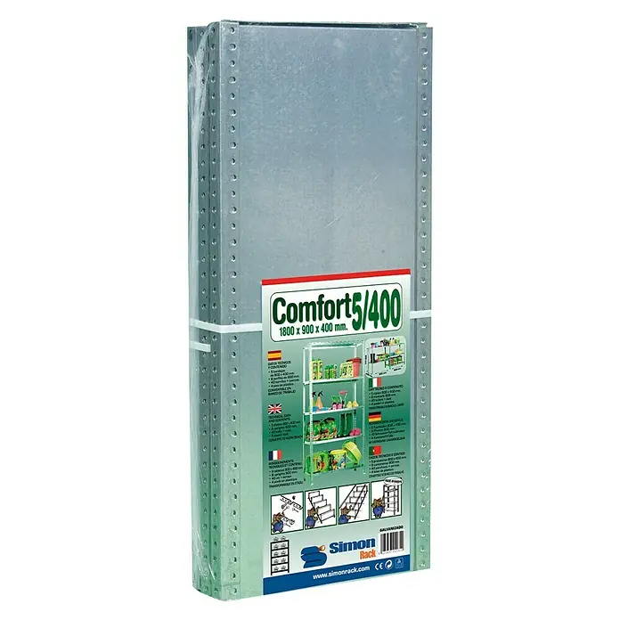 Simonrack Simonclassic Metallregal Comfort Plus - H x B x T: 200 x 100 x 40 cm, Traglast pro Boden: 100 kg, Anzahl Böden: 5 Stk., Schrauben, Weiß - Bild eines verpackten Comfort5/400 Metallregals. Es ist ein robustes Regalsystem für Lagerung, mit seinen Maßen von 1800x900x400 mm.