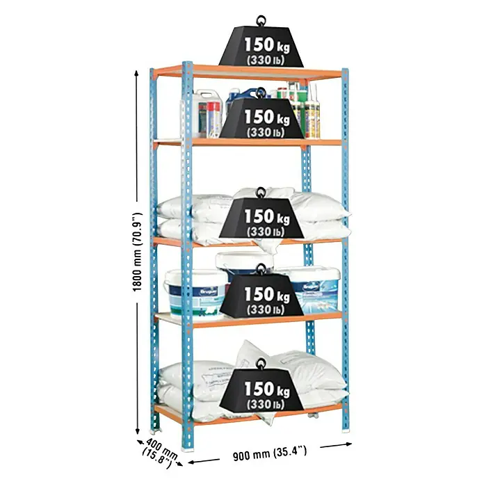 Simonrack Maderclick Metallregal Maderclick - H x B x T: 180 x 90 x 40 cm, Traglast pro Boden: 150 kg, Anzahl Böden: 5 Stk., Stecken, Blau/Orange - Abbildung eines Schwerlastregals mit fünf Regalböden, das jeweils mit 150 kg belastet ist und dessen Abmessungen angegeben sind.