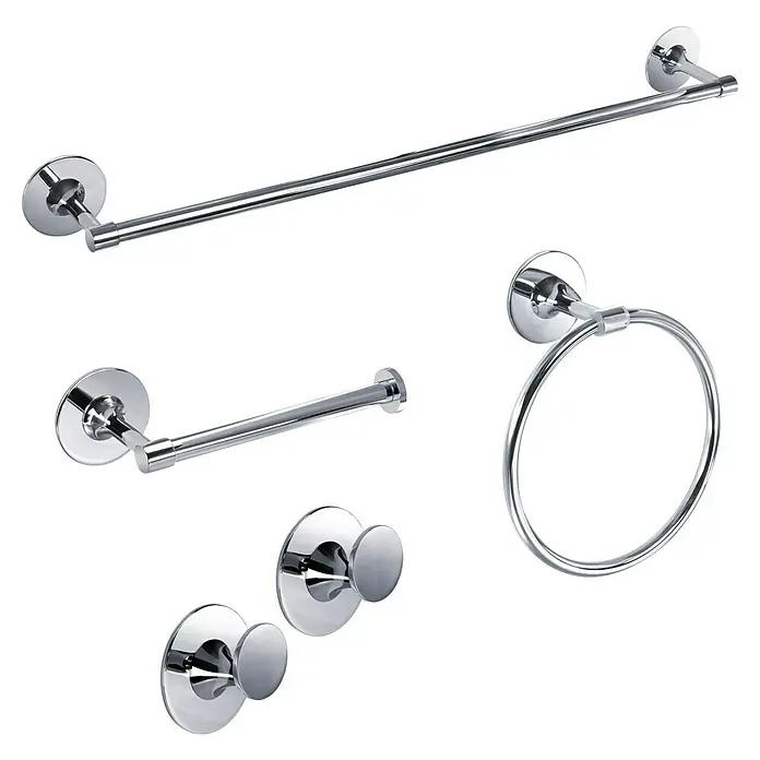 Set de baño Atik - Cromo, Resplandeciente, 5 pzs. - Accesorios de baño cromados: barra de toalla, toallero de aro y ganchos para un baño elegante.