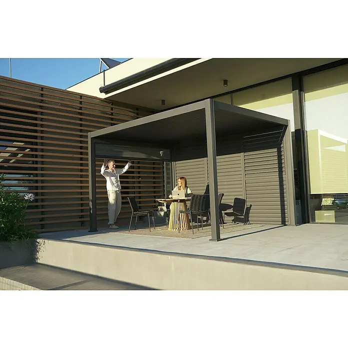 Sunfun Lamellenpavillon Korfu - B x T: 400 x 300 cm, Farbe Gestell: Anthrazit, Aluminium - Moderne Pergola mit Lamellendach und passenden Gartenmöbeln, ideal für entspannte Stunden im Freien. Zeitgemäßes Design für den Außenbereich.