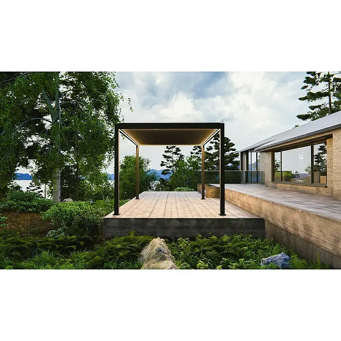 Sunfun Lamellenpavillon Korfu - B x T: 400 x 300 cm, Farbe Gestell: Anthrazit, Aluminium - Moderne Pergola mit Beleuchtung auf einer Holzterrasse, umgeben von üppigem Grün, ideal für entspannte Stunden im Freien und stilvolle Gartengestaltung.