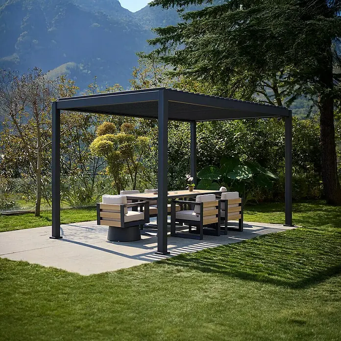 Sunfun Lamellenpavillon Korfu - B x T: 400 x 300 cm, Farbe Gestell: Anthrazit, Aluminium - Outdoor-Essbereich mit einer stilvollen Pergola, die Schatten spendet und den Bereich optisch aufwertet.