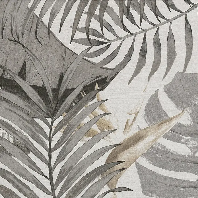 Wandfliese Studio - 30 x 90 cm, Palm Bone, Matt - Abstrakte Tapete mit tropischen Blättern in Grau- und Beigetönen, die eine natürliche und ruhige Atmosphäre schafft.