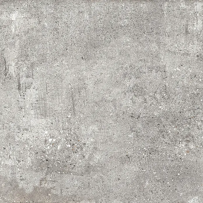 Feinsteinzeugfliese Bond Ash - 60 x 120 cm, Grau, Matt - Graue Betontextur mit feinen Sprenkeln und Abnutzungsspuren, ideal für Boden- oder Wandfliesen im Industriestil.