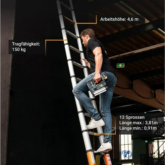 Batavia Teleskopleiter - Anzahl Tritte: 12 Stk., Arbeitshöhe: 460 cm, Belastbarkeit: 150 kg, Aluminium - Mann steigt auf eine Teleskopleiter. Die Leiter ist ausziehbar von 0,91m bis 3,81m und hat eine Arbeitshöhe von 4,6 m, mit Tragfähigkeit 150 kg.