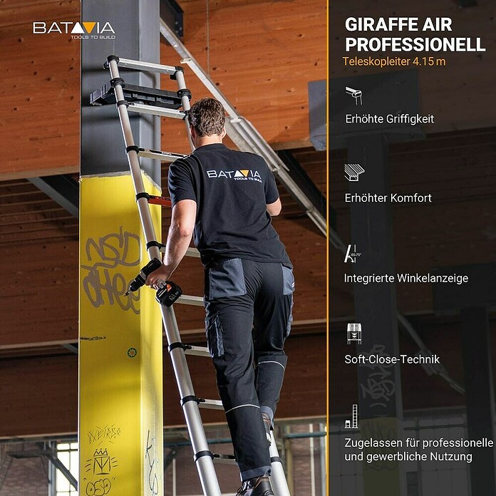 Batavia Escalera telescópica Giraffe Air (Número de peldaños: 14 ud., Altura de trabajo: 415 cm, Carga soportada: 150 kg, Aluminio) | BAUHAUS