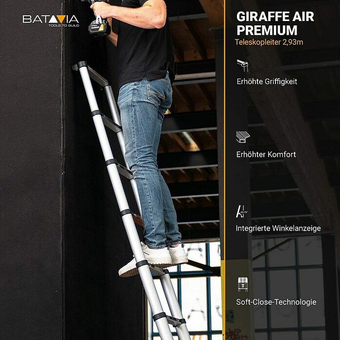 Batavia Escalera telescópica Giraffe Air (Número de peldaños: 9 ud., Altura de trabajo: 370 cm, Carga soportada: 150 kg, Aluminio) | BAUHAUS