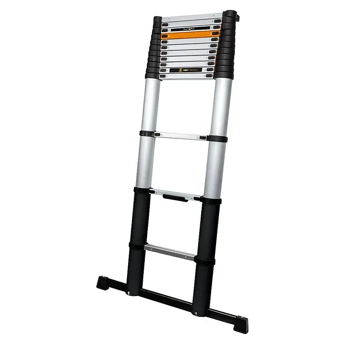 Batavia Teleskopleiter - Anzahl Tritte: 14 Stk., Arbeitshöhe: 415 cm, Belastbarkeit: 150 kg, Aluminium - Silberne Teleskopleiter mit schwarzen Akzenten und gelber Anzeige-Stufe, mit breiter Basis für Stabilität.