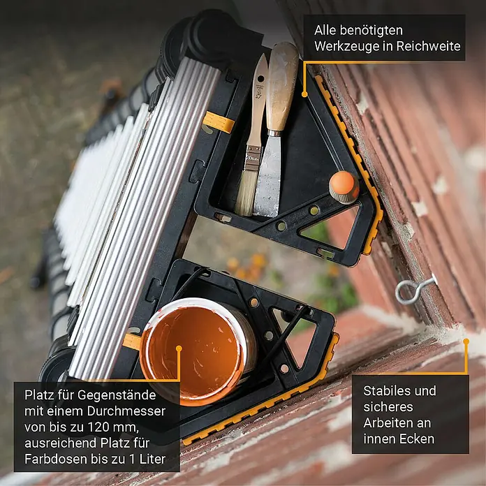 Batavia Werkzeughalter - 1 Stk., Passend für: 40-mm-Rohr-Teleskopleitern - Produktbild einer Leiter mit integrierten Werkzeugablagen, die Platz für Pinsel, Spachtel und Farbdosen bieten und sichere Arbeiten ermöglichen.