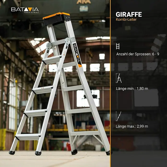 Batavia Mehrzweckleiter - Anzahl Tritte: 9 Stk. - Silberne Aluminium Kombi-Leiter mit orangefarbenen Akzenten, in industrieller Umgebung.