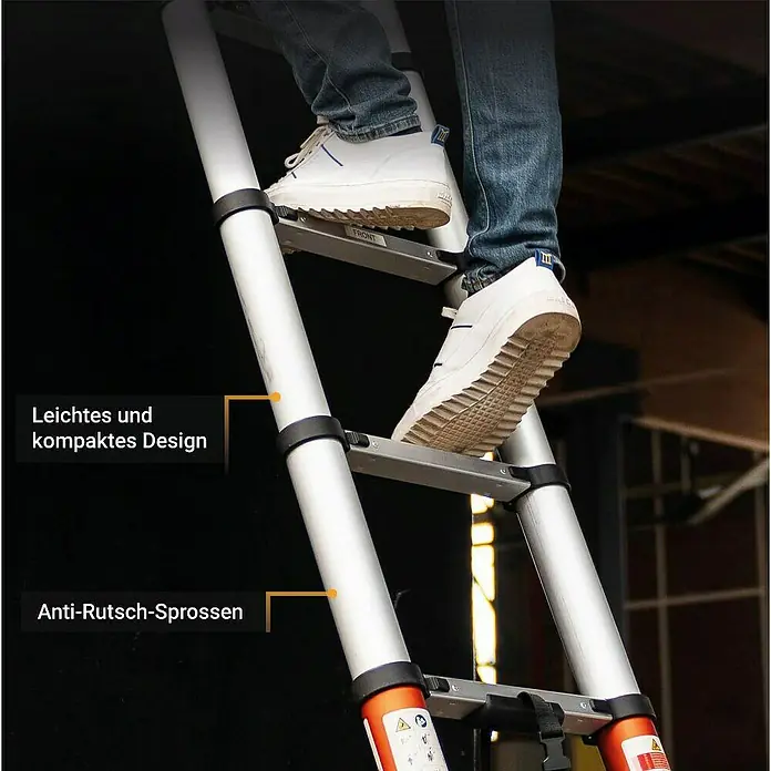 Batavia Teleskopleiter - Anzahl Tritte: 8 Stk., Arbeitshöhe: 340 cm, Belastbarkeit: 150 kg, Aluminium - Bild einer Teleskopleiter mit einer Person, die darauf steht. Die Leiter zeichnet sich durch ein leichtes und kompaktes Design aus.