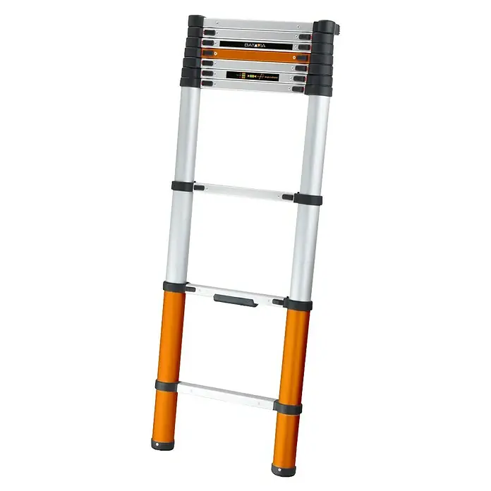 Batavia Teleskopleiter - Anzahl Tritte: 9 Stk., Arbeitshöhe: 370 cm, Belastbarkeit: 150 kg, Aluminium - Silber-orange Teleskopleiter mit Sicherheitsanzeigen.