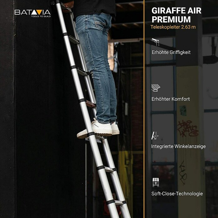 Batavia Escalera telescópica Giraffe Air (Número de peldaños: 8 ud., Altura de trabajo: 340 cm, Carga soportada: 150 kg, Aluminio) | BAUHAUS