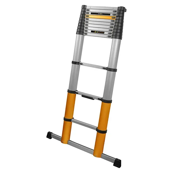 Batavia Teleskopleiter - Anzahl Tritte: 12 Stk., Arbeitshöhe: 460 cm, Belastbarkeit: 150 kg, Aluminium - Das Bild zeigt eine ausziehbare Teleskopleiter von BATAVIA, ideal für vielseitige Arbeiten in Haus und Garten, mit orangenfarbigen Elementen.
