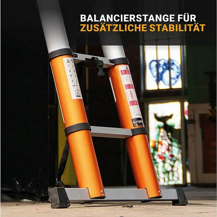 Batavia Teleskopleiter - Anzahl Tritte: 12 Stk., Arbeitshöhe: 460 cm, Belastbarkeit: 150 kg, Aluminium - Die orangefarbene Teleskopleiter mit grauer Basis bietet durch ihre Bauweise zusätzliche Stabilität.