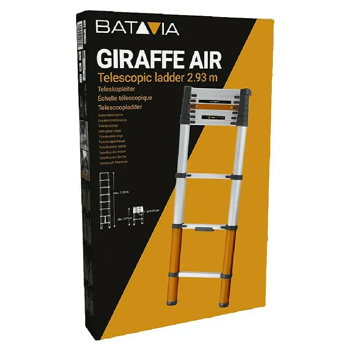 Batavia Teleskopleiter - Anzahl Tritte: 9 Stk., Arbeitshöhe: 370 cm, Belastbarkeit: 150 kg, Aluminium - Verpackung für eine silber-orange Batavia Giraffe Air Teleskopleiter mit max. 2,93 m Länge und Soft-Close-Funktion.