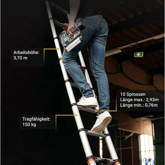 Batavia Teleskopleiter - Anzahl Tritte: 9 Stk., Arbeitshöhe: 370 cm, Belastbarkeit: 150 kg, Aluminium - Eine Person steigt eine silber-schwarze Teleskopleiter hoch, mit 3,70 m Arbeitshöhe und 150 kg Tragfähigkeit.