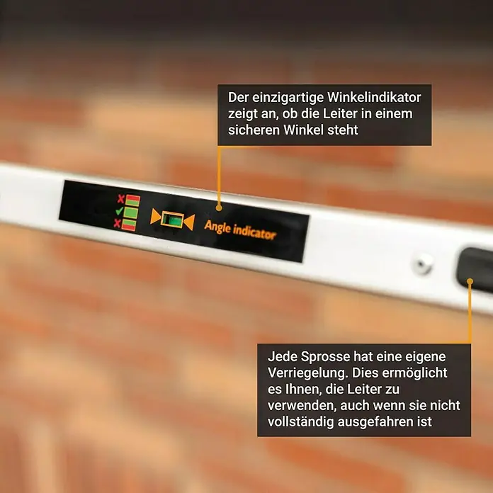 Batavia Teleskopleiter - Anzahl Tritte: 9 Stk., Arbeitshöhe: 370 cm, Belastbarkeit: 150 kg, Aluminium - Nahaufnahme der Leiterseite mit Sicherheitswinkelanzeige und individueller Sprossenverriegelung für flexiblen Einsatz.