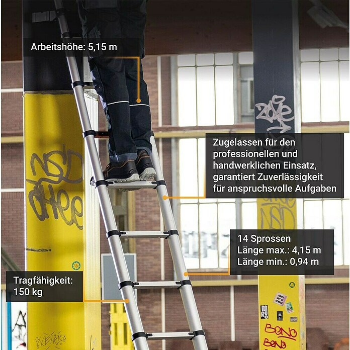 Batavia Escalera telescópica Giraffe Air (Número de peldaños: 14 ud., Altura de trabajo: 415 cm, Carga soportada: 150 kg, Aluminio) | BAUHAUS