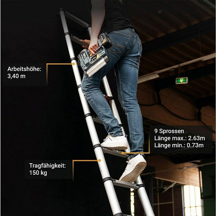 Batavia Escalera telescópica Giraffe Air (Número de peldaños: 8 ud., Altura de trabajo: 340 cm, Carga soportada: 150 kg, Aluminio) | BAUHAUS