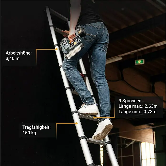 Batavia Teleskopleiter - Anzahl Tritte: 8 Stk., Arbeitshöhe: 340 cm, Belastbarkeit: 150 kg, Aluminium - Eine Person steigt auf eine Teleskopleiter mit den technischen Daten wie Arbeitshöhe, Länge, Tragfähigkeit und Sprossenanzahl.