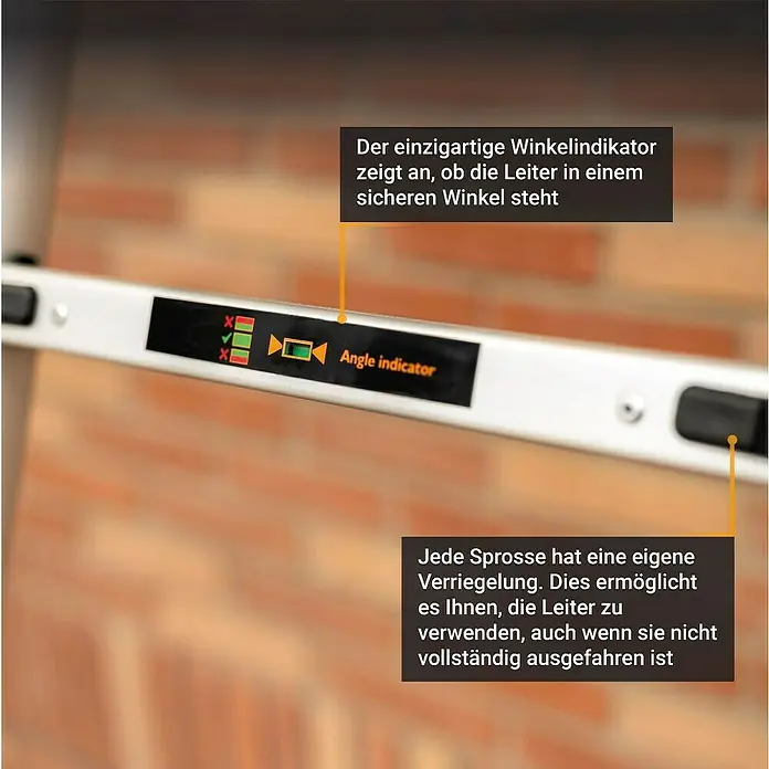 Batavia Teleskopleiter - Anzahl Tritte: 8 Stk., Arbeitshöhe: 340 cm, Belastbarkeit: 150 kg, Aluminium - Nahaufnahme eines Winkelindikators an einer Leiter, der die sichere Position anzeigt.