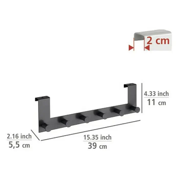 Wenko Türgarderobe - L x H: 5,5 x 11 cm, Anzahl Haken: 6 Stk. - Abmessungen der Türgarderobe mit fünf Haken in Anthrazit, ideal zur Aufbewahrung von Jacken, Hüten und Schals.