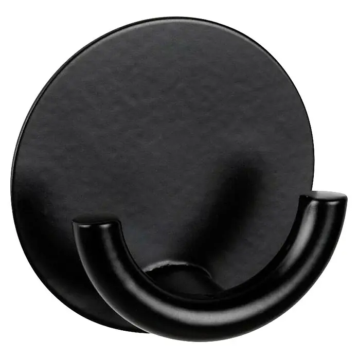 Wenko Klebehaken - Schwarz, Edelstahl - Nahaufnahme eines schwarzen Kleiderhakens mit runder Basis, ideal zur Wandmontage für Jacken und Accessoires.