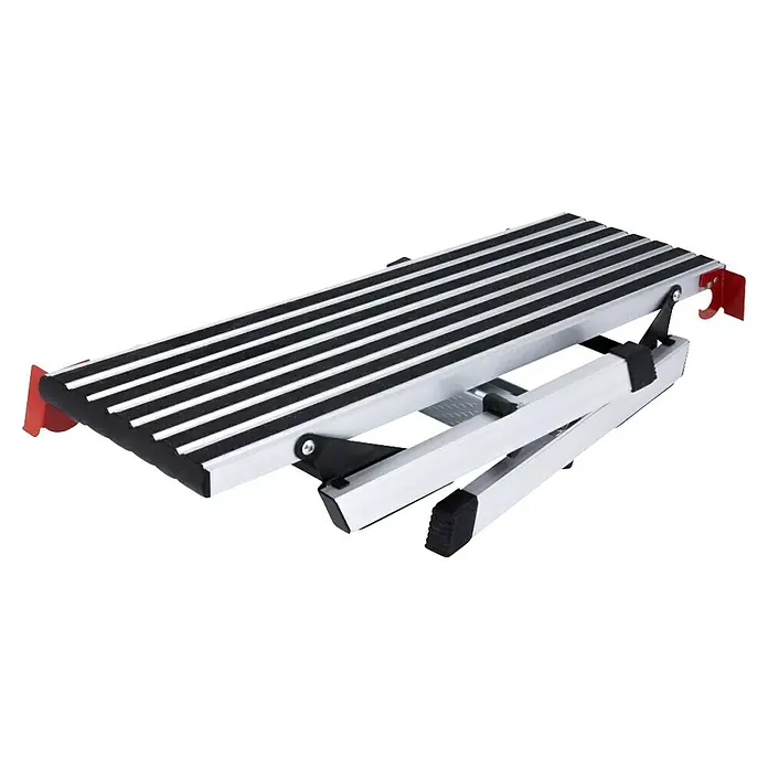 Batavia Treppenpodest - Arbeitshöhe: 2,5 cm, Aluminium - Faltbare Trittplattform aus Aluminium mit schwarzen Anti-Rutsch-Streifen und roten Befestigungshaken.