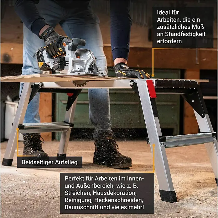 Batavia Treppenpodest - Arbeitshöhe: 2,5 cm, Aluminium - Silber-schwarze Arbeitsplattform, zum Holzsägen genutzt, bietet Stabilität für Innen- und Außenarbeiten.