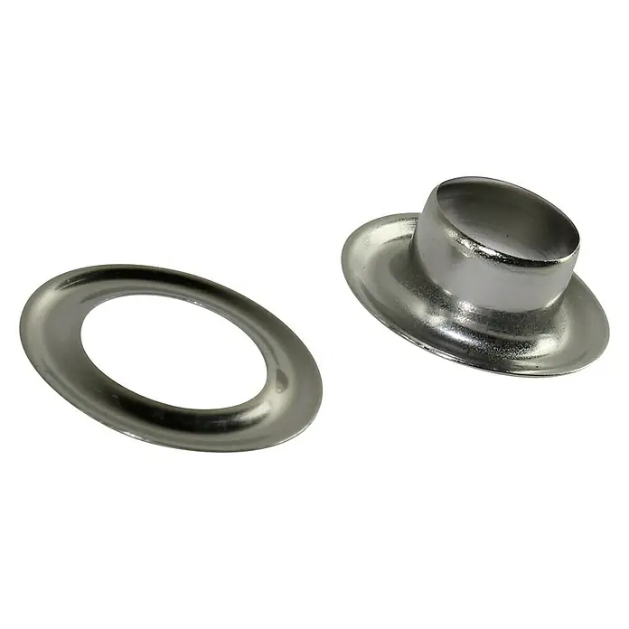 Stabilit ÖseDurchmesser: 4 mm, Vernickelt, 50 Stk. - Nahaufnahme von zwei silberfarbenen Ösen, die oft in Stoffen verwendet werden, um Löcher zu verstärken oder Schnürungen zu ermöglichen.